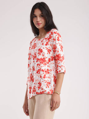 Cotton Floral Top - White And Red
