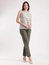 Cotton Round Neck Top - White And Olive