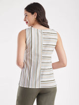Cotton Round Neck Top - White And Olive