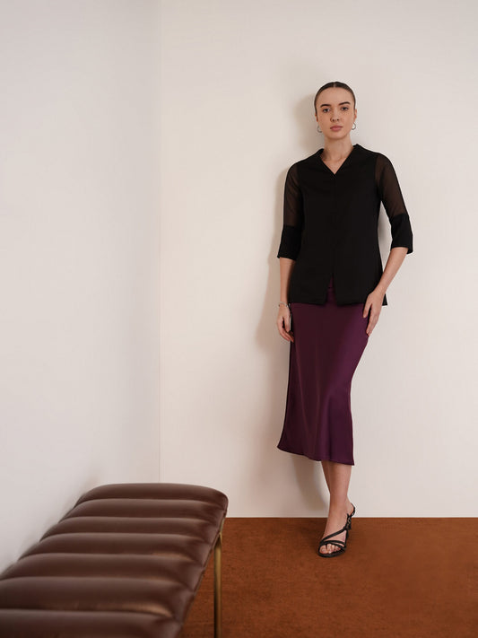 Front Slit Sheer Sleeve Top - Black