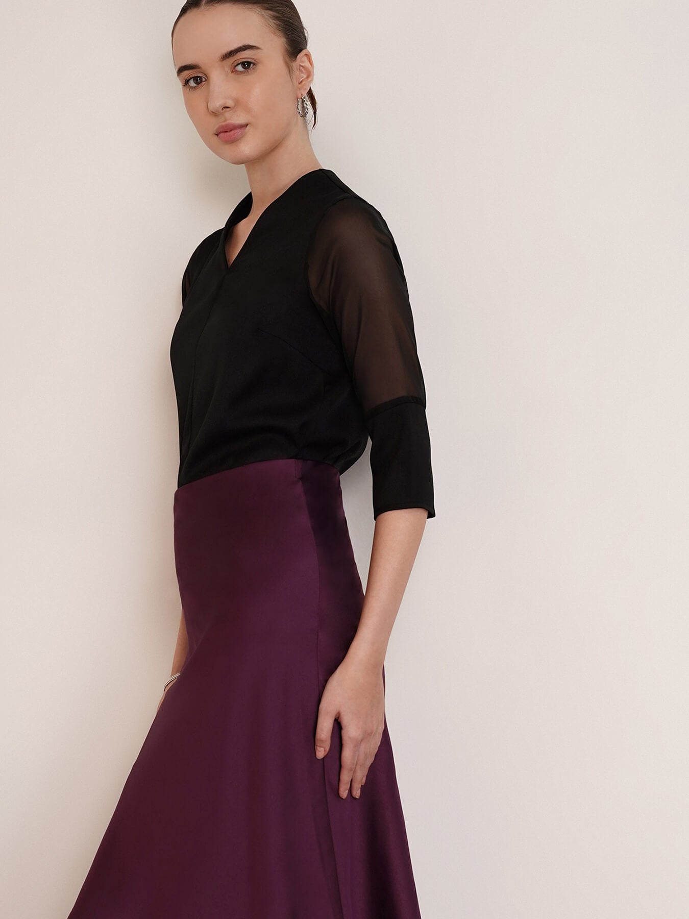Front Slit Sheer Sleeve Top - Black