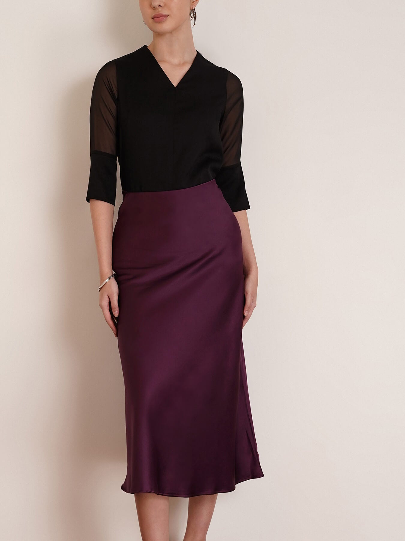 Front Slit Sheer Sleeve Top - Black