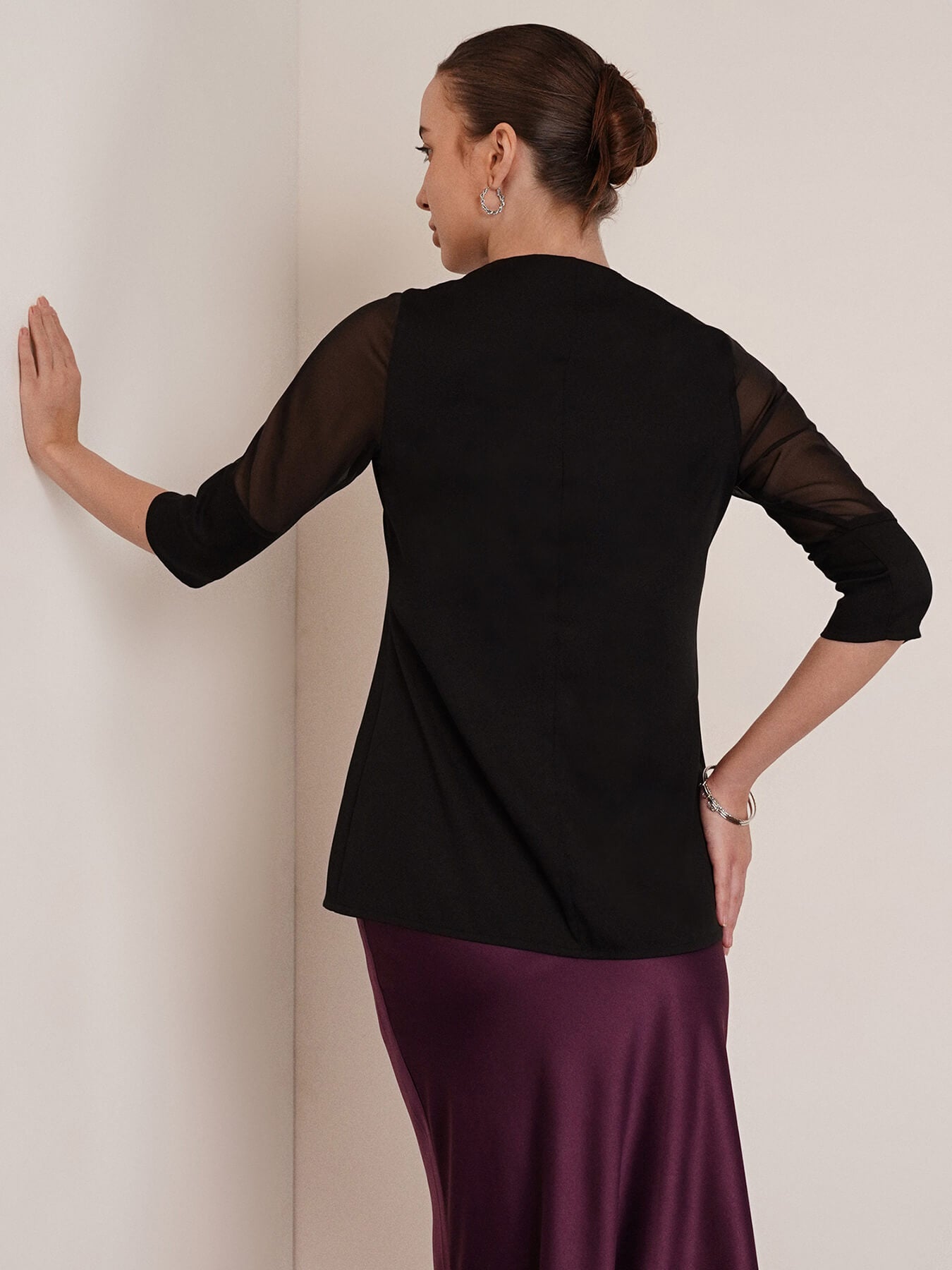 Front Slit Sheer Sleeve Top - Black