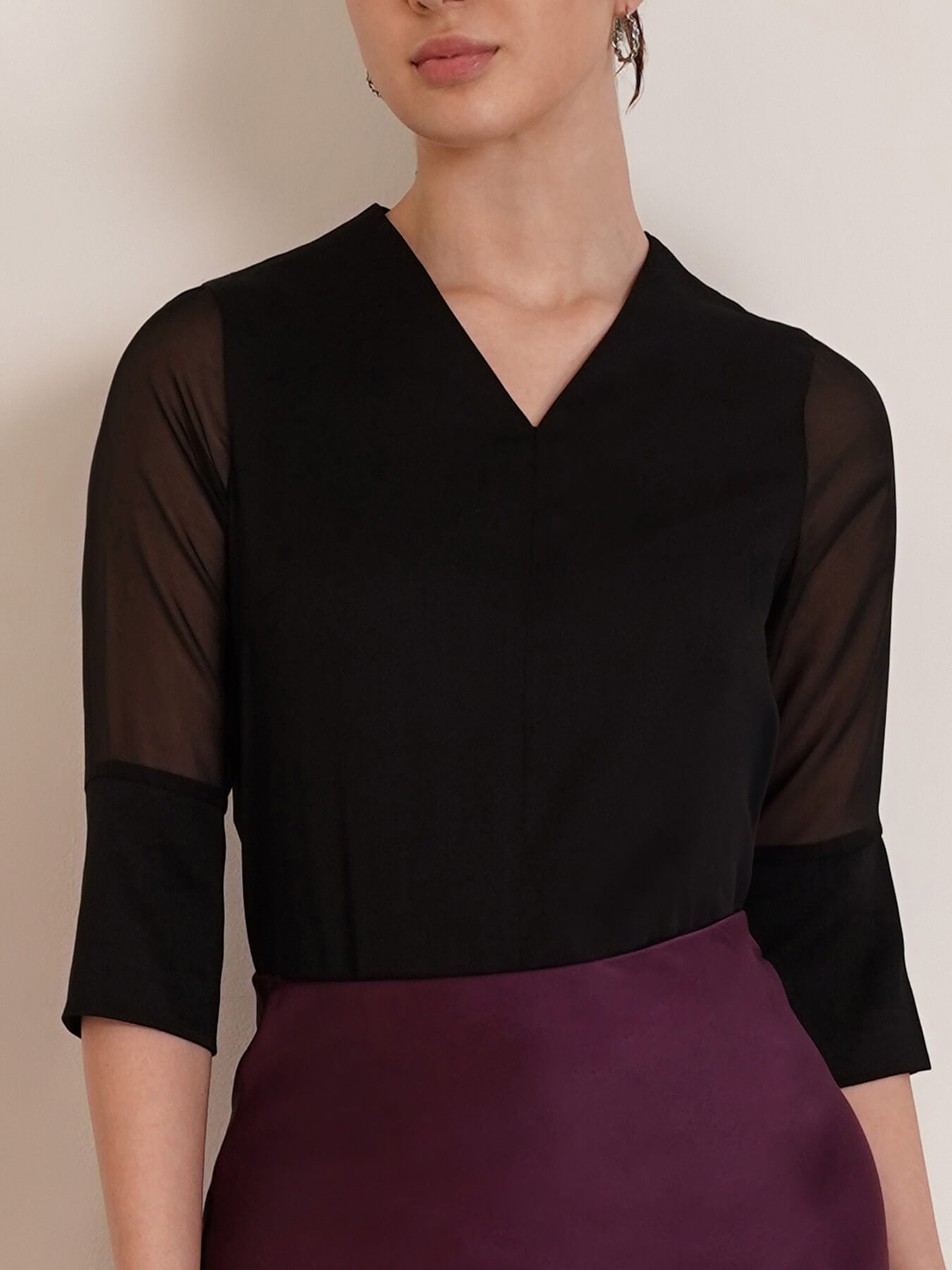 Front Slit Sheer Sleeve Top - Black