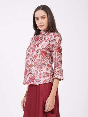 Chanderi Floral Top - Red