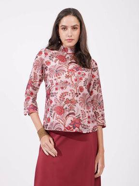 Chanderi Floral Top - Red