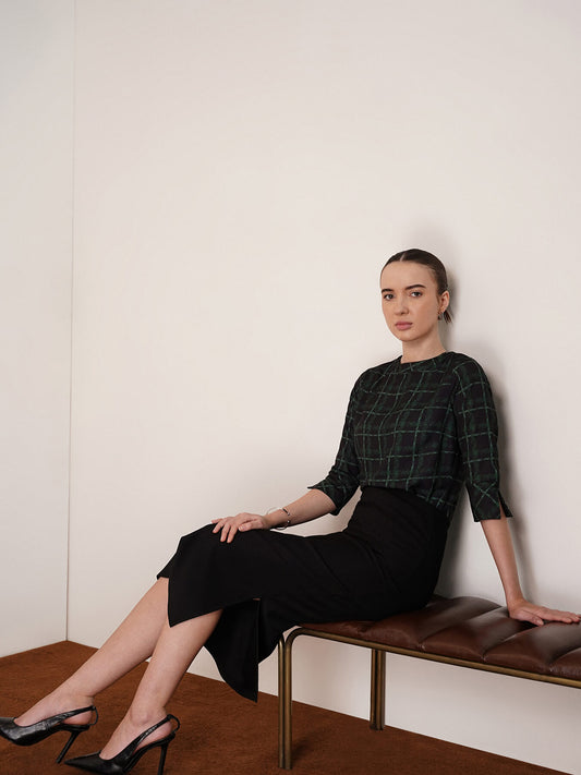 High Round Neck Plaid Top - Black and Green