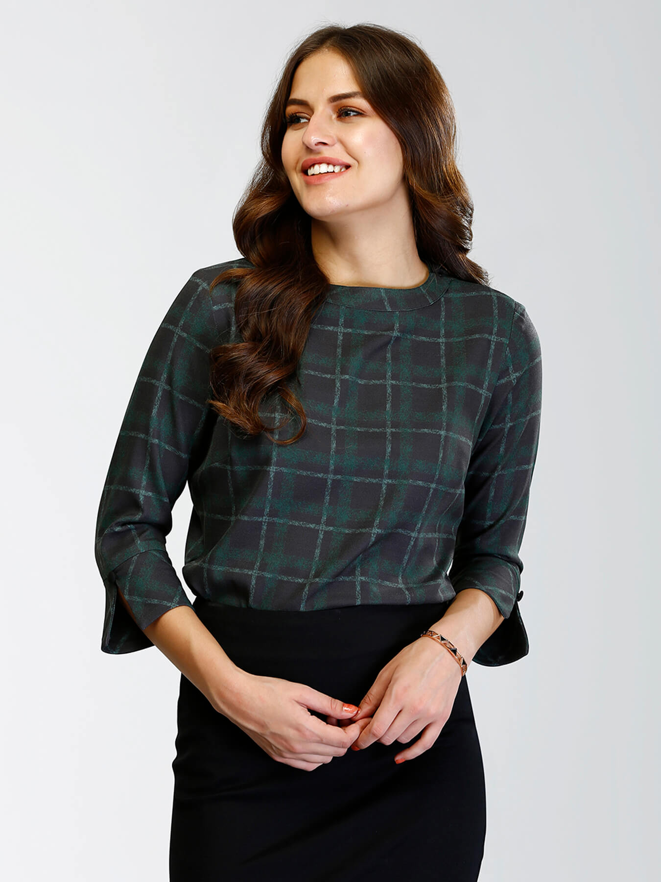 High Round Neck Plaid Top - Black and Green