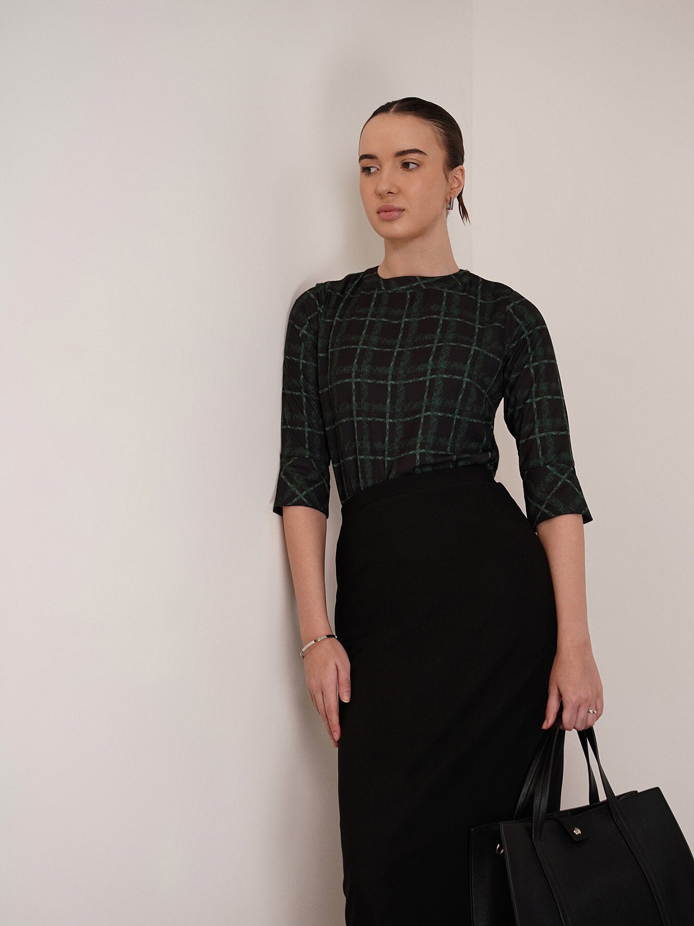 High Round Neck Plaid Top - Black and Green