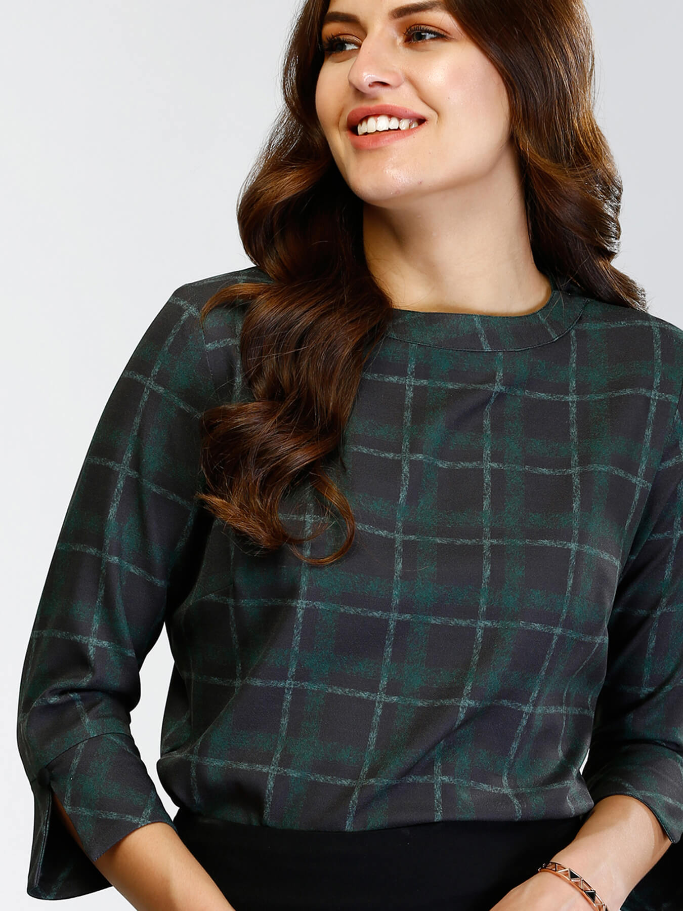 High Round Neck Plaid Top - Black and Green