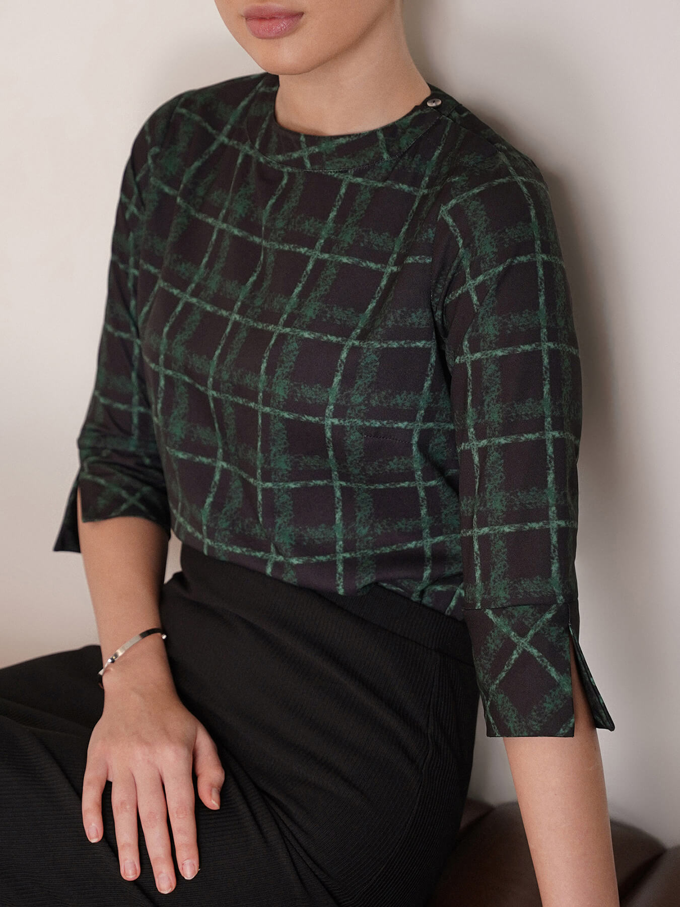 High Round Neck Plaid Top - Black and Green