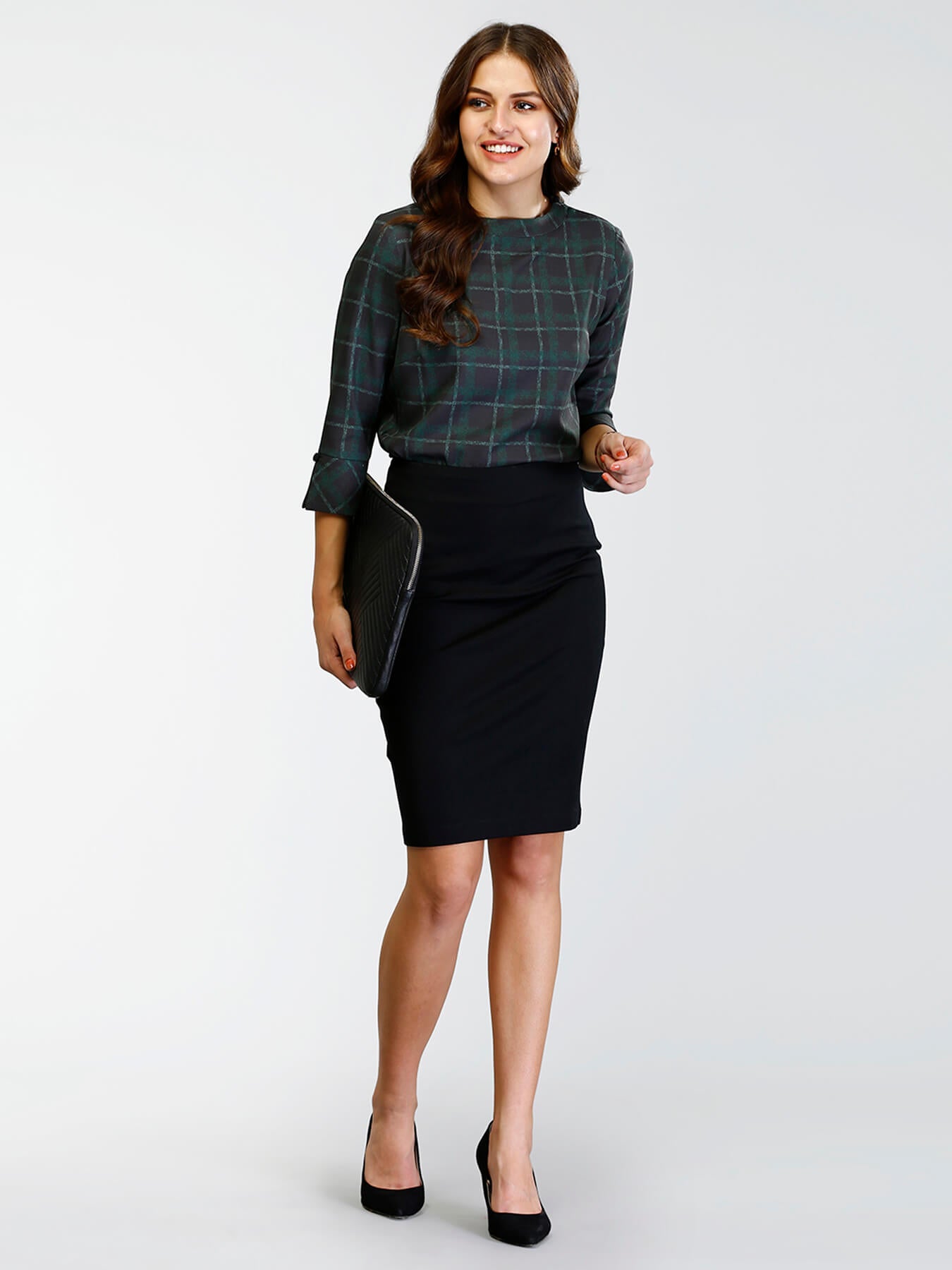High Round Neck Plaid Top - Black and Green