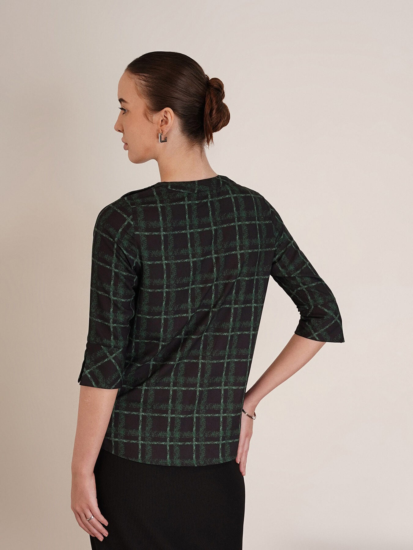 High Round Neck Plaid Top - Black and Green