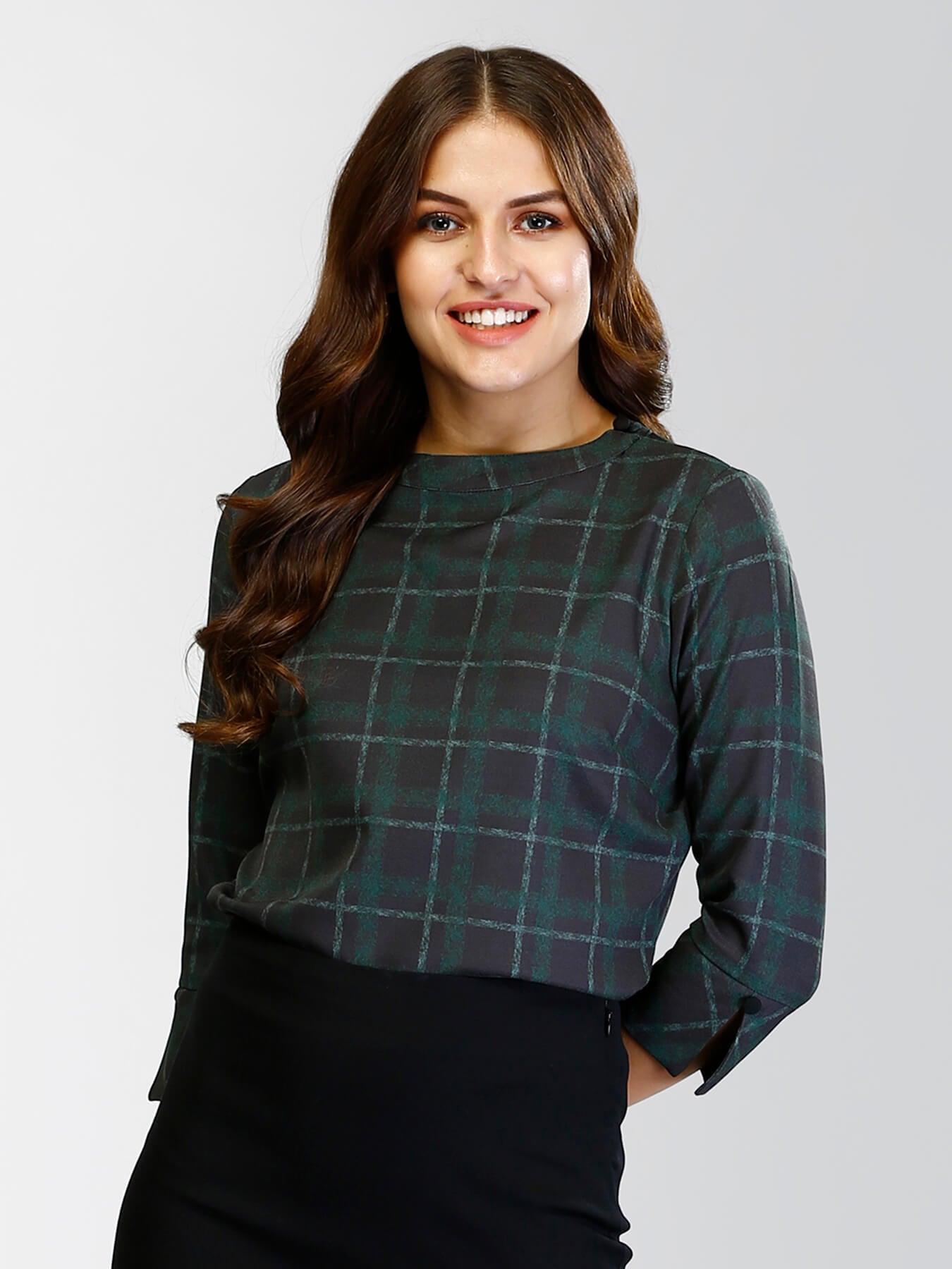 High Round Neck Plaid Top - Black and Green