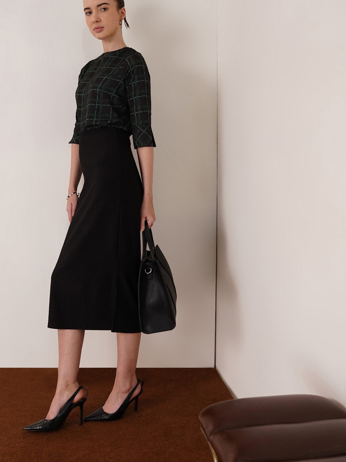 High Round Neck Plaid Top - Black and Green