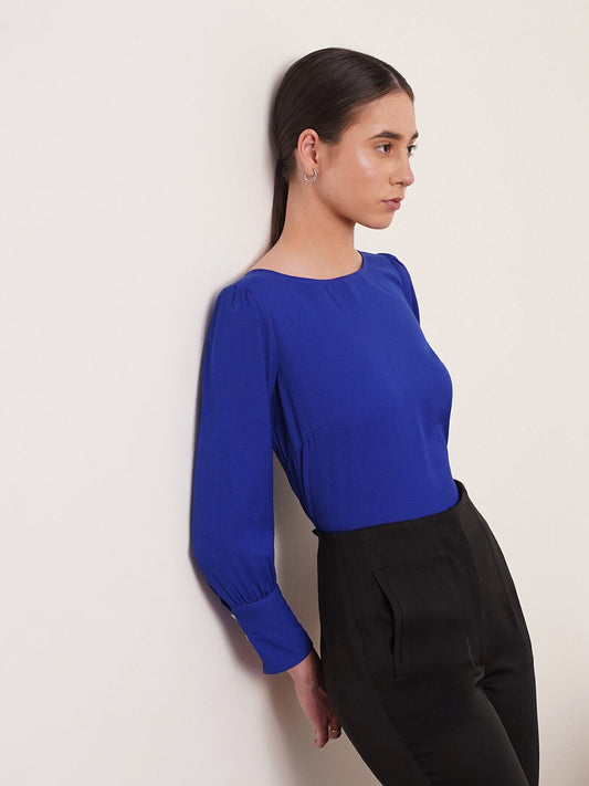 Boat Neck Top With Gather Details - Cobalt Blue