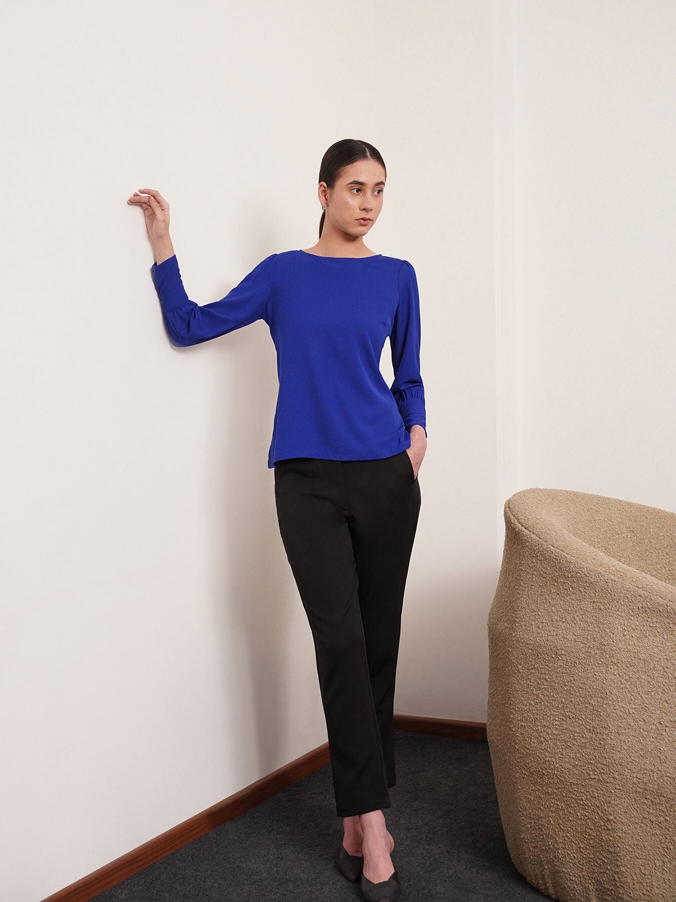 Boat Neck Top With Gather Details - Cobalt Blue