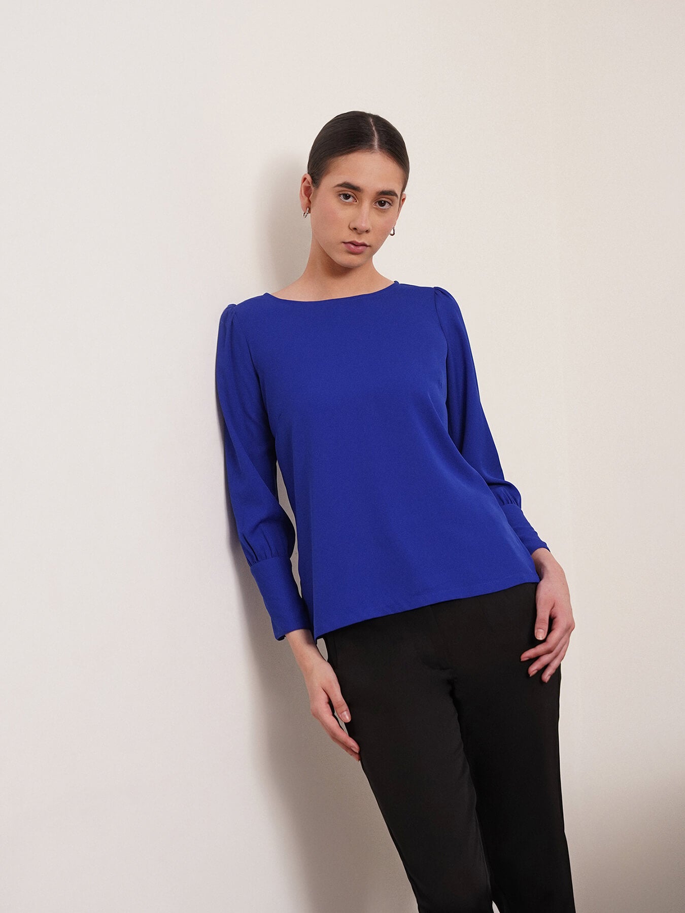 Boat Neck Top With Gather Details - Cobalt Blue