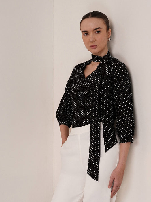Bow Neck Polka Top - Black and White