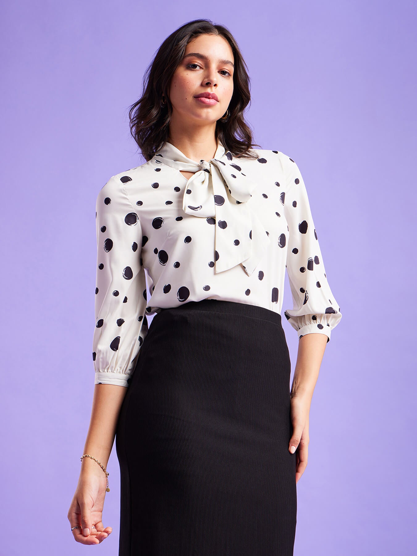 Polka Print Top - Off White And Black