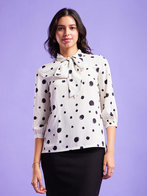 Polka Print Top - Off White And Black