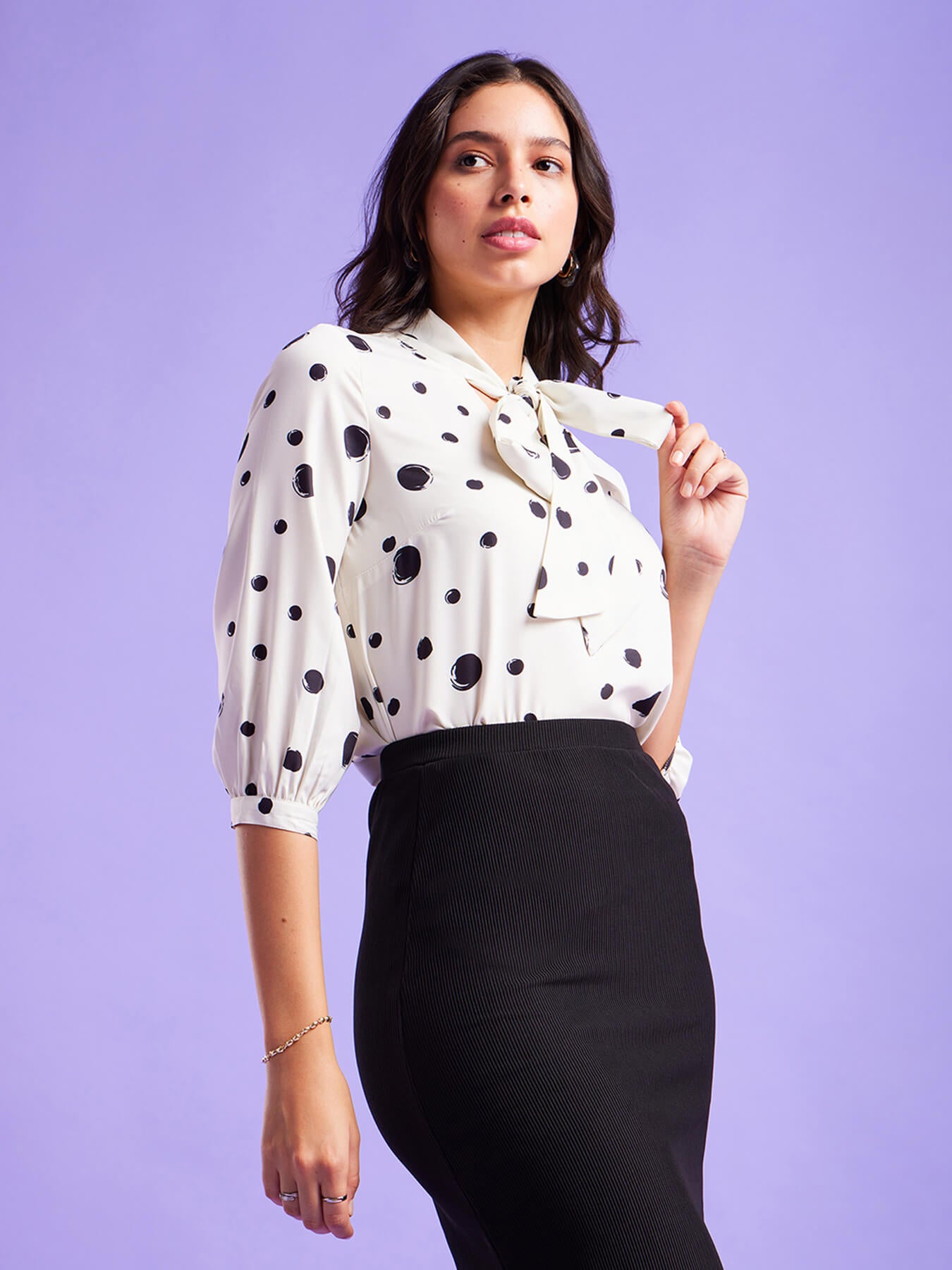 Polka Print Top - Off White And Black