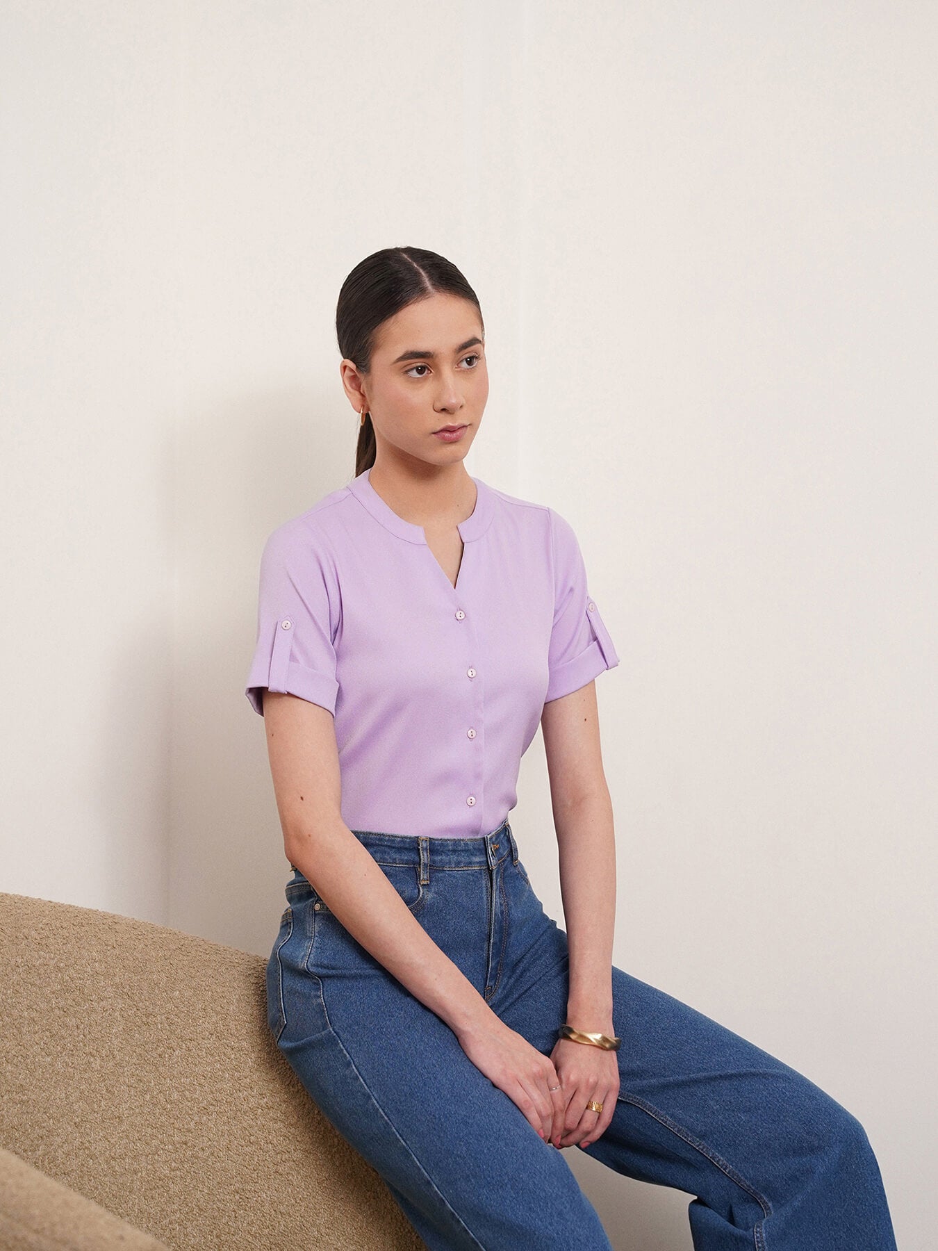V Neck Button Detail Top - Lavender