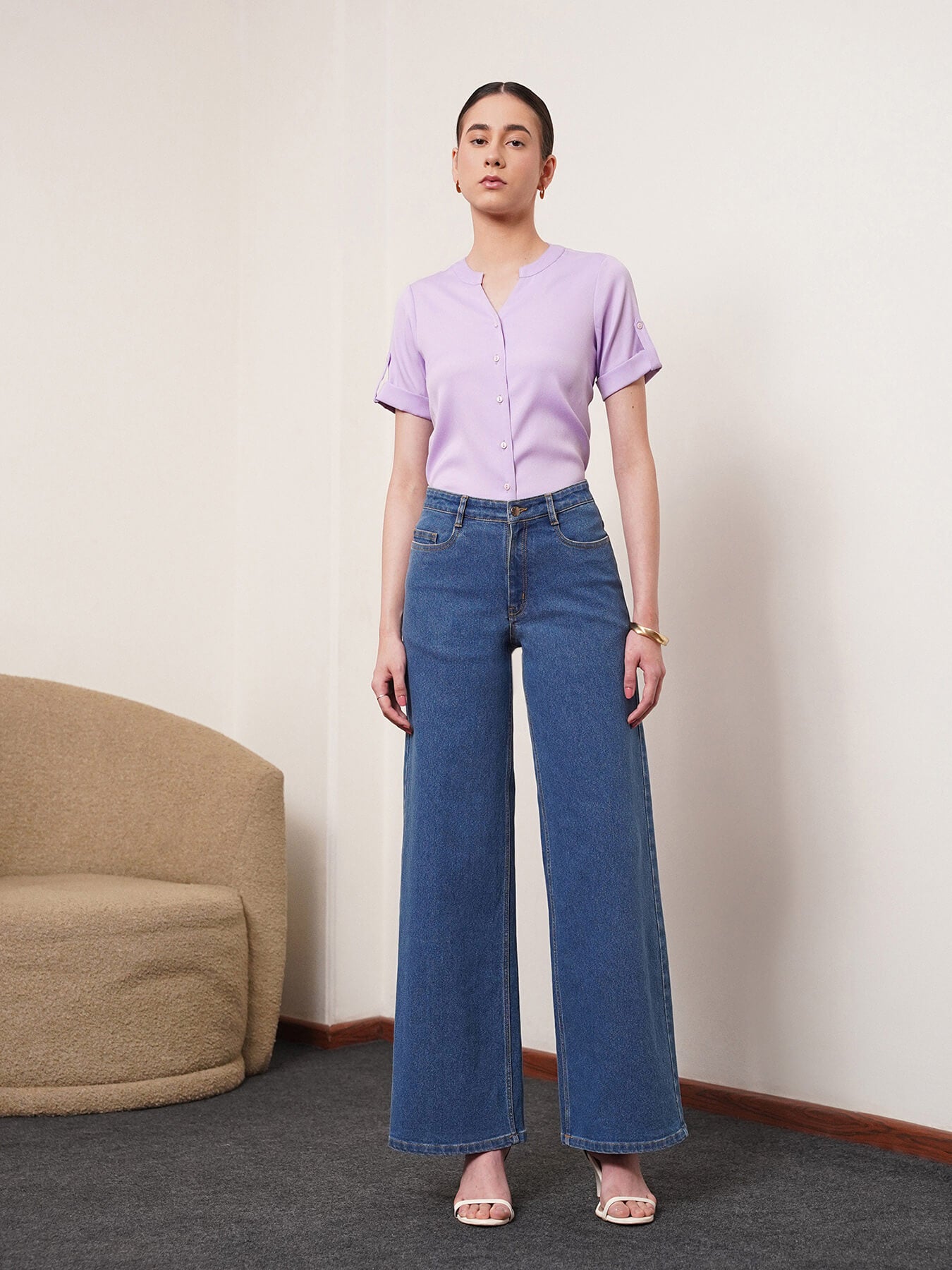 V Neck Button Detail Top - Lavender