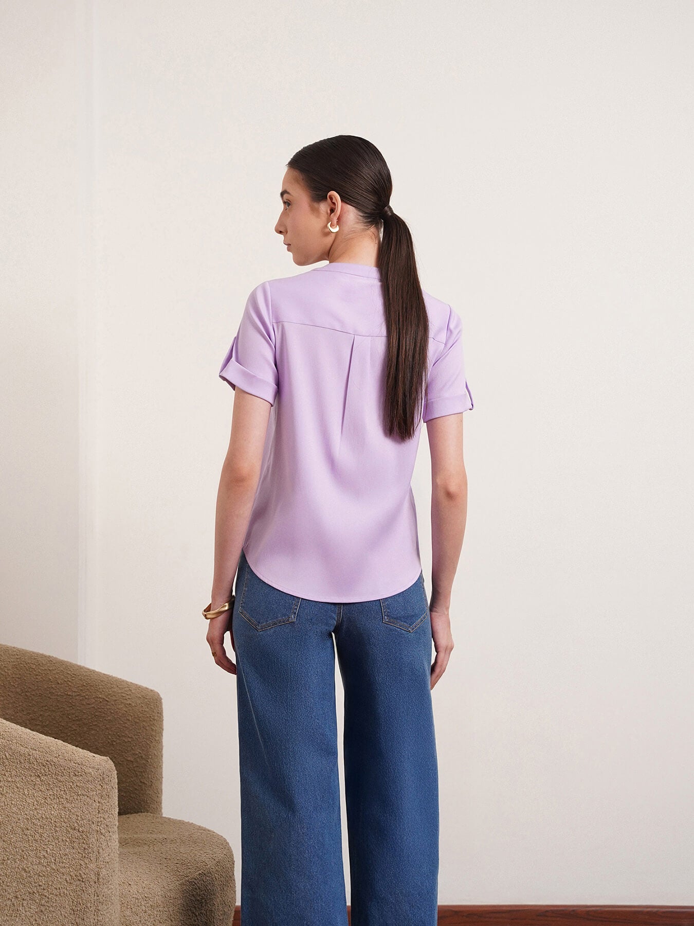 V Neck Button Detail Top - Lavender