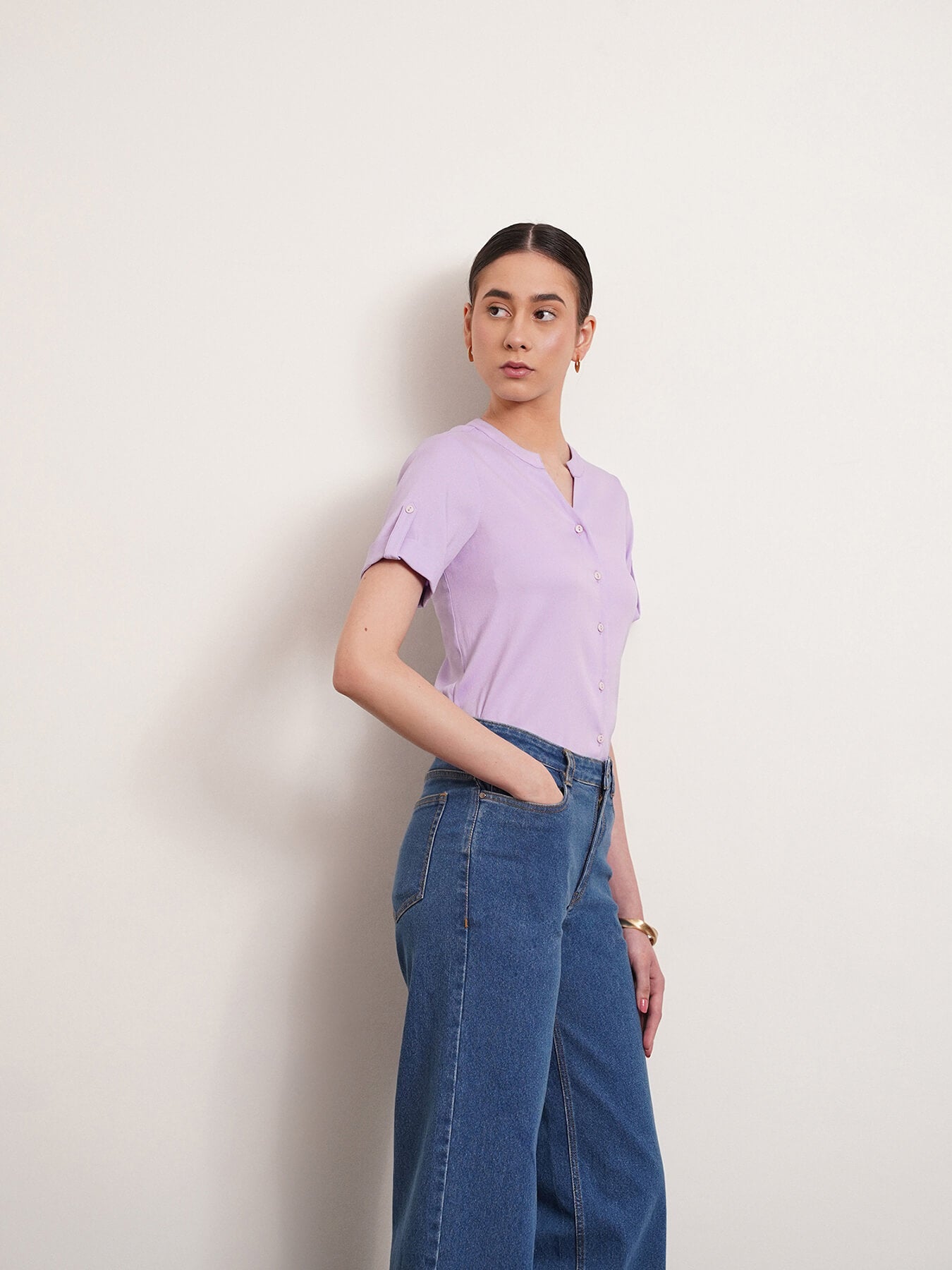 V Neck Button Detail Top - Lavender