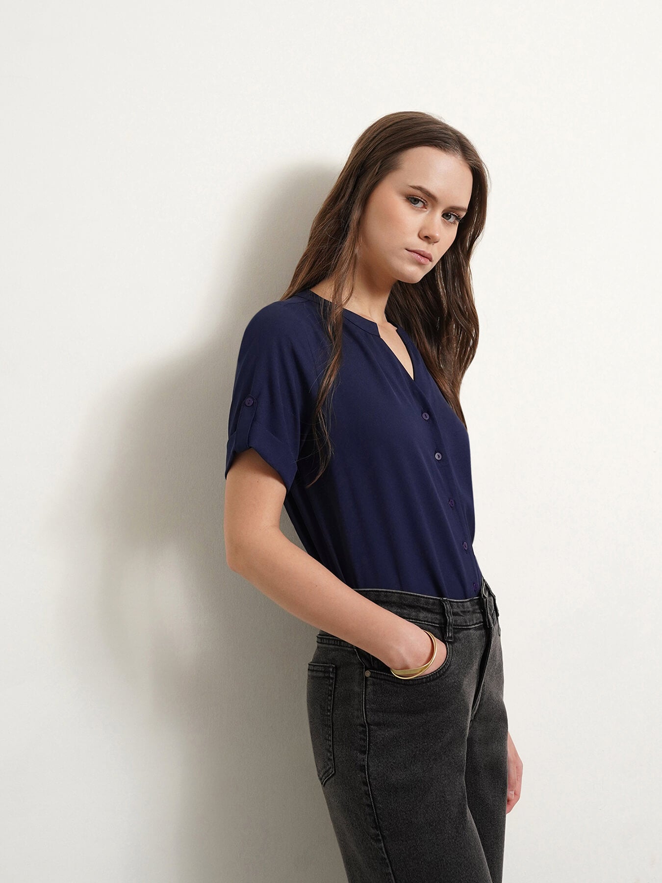 V Neck Short Sleeve Top - Navy