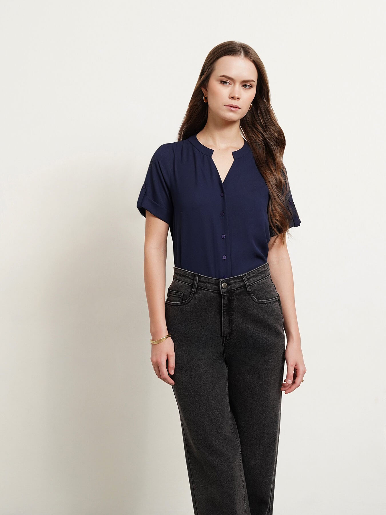 V Neck Short Sleeve Top - Navy