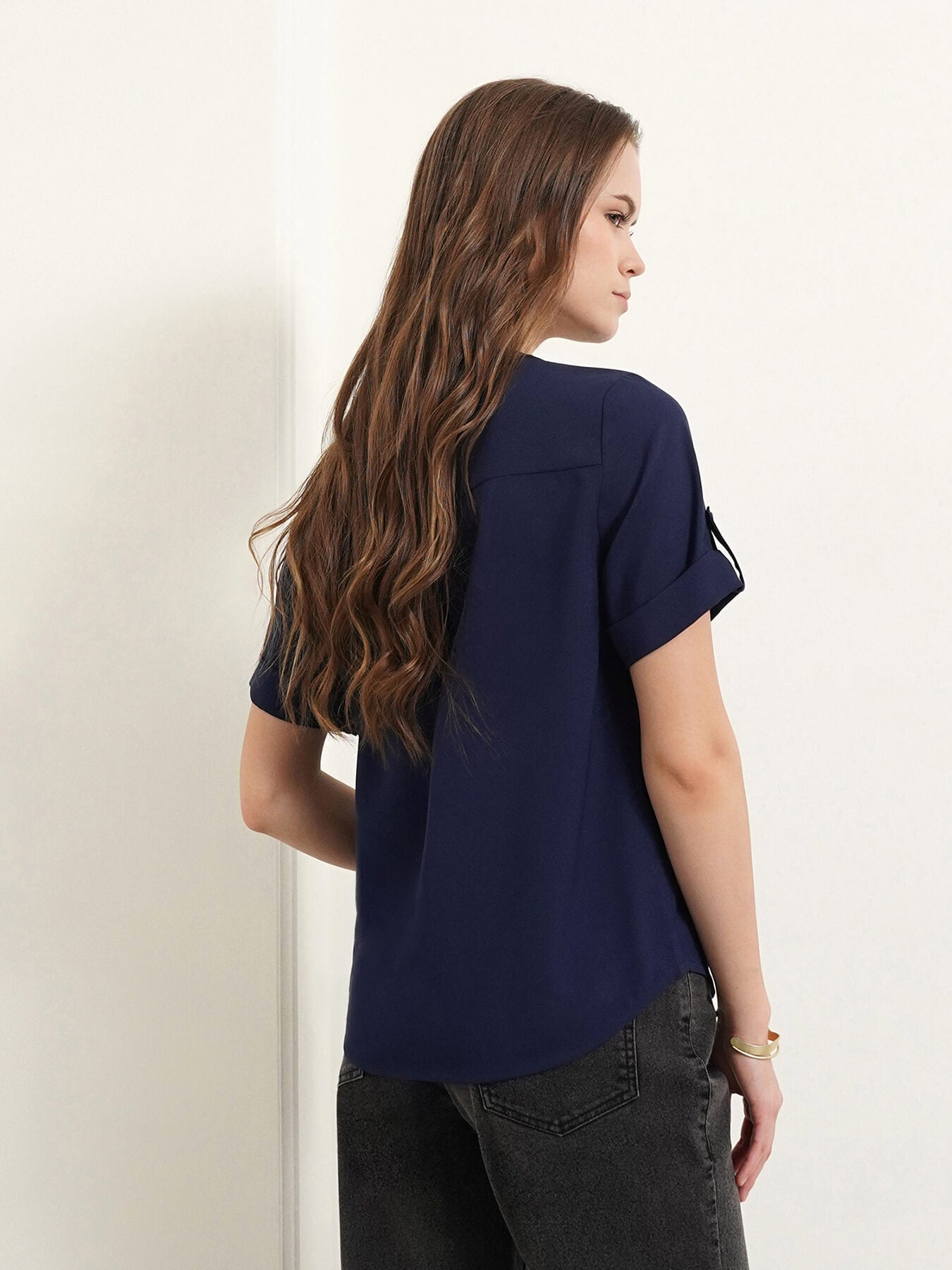 V Neck Short Sleeve Top - Navy