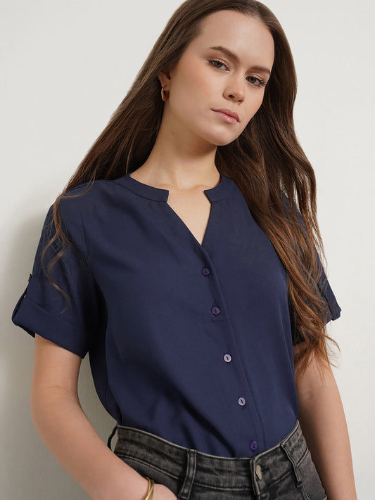 V Neck Short Sleeve Top - Navy