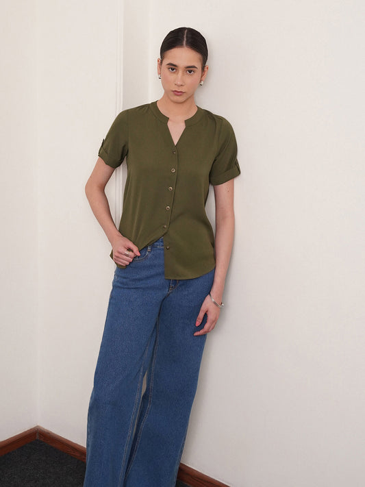 V Neck Folded Sleeve Top - Olive