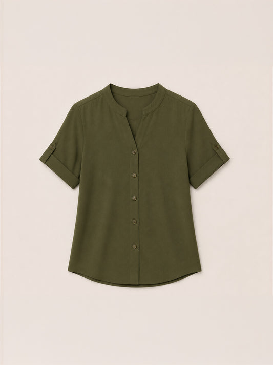 V Neck Folded Sleeve Top - Olive
