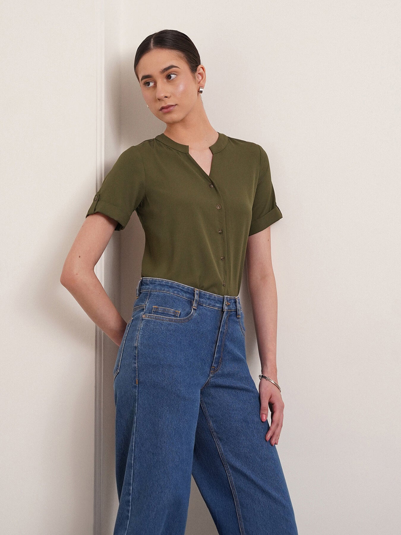 V Neck Folded Sleeve Top - Olive