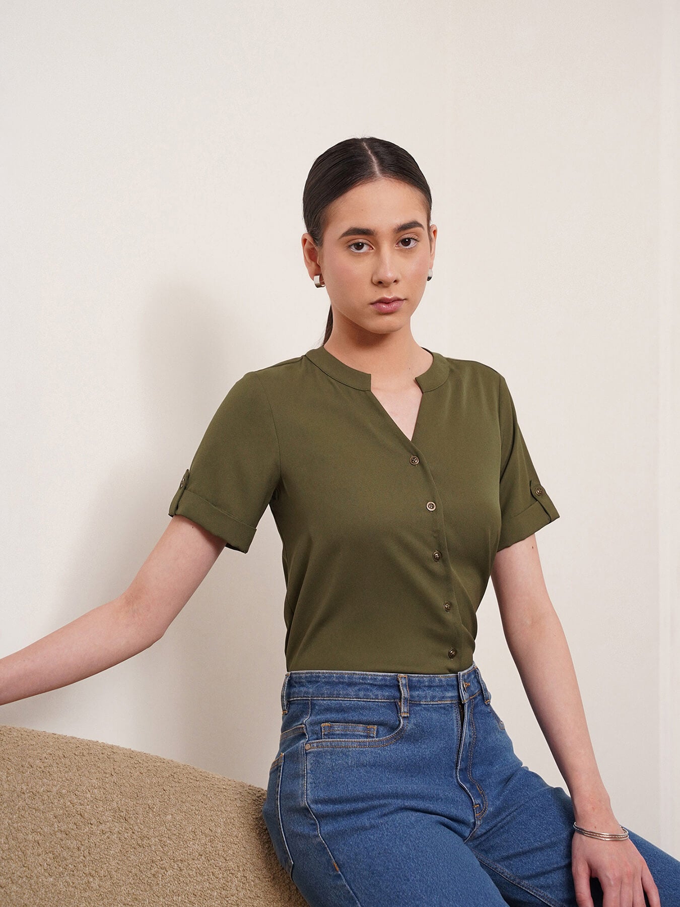 V Neck Folded Sleeve Top - Olive