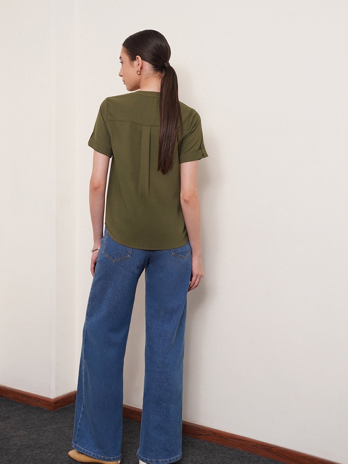 V Neck Folded Sleeve Top - Olive