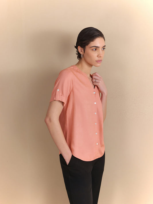Mandarin V-Neck Button-Down Top - Peach