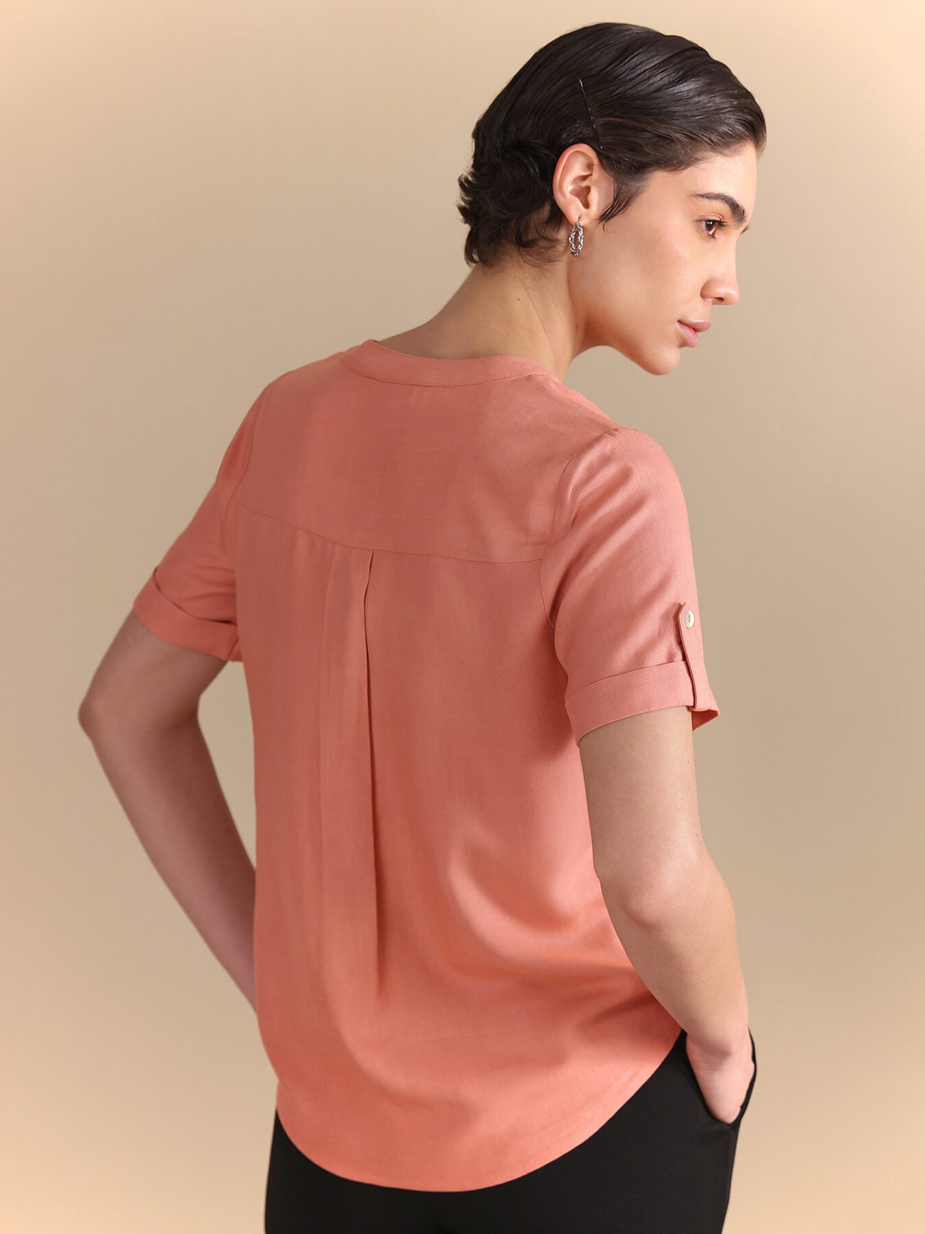 Mandarin V-Neck Button-Down Top - Peach