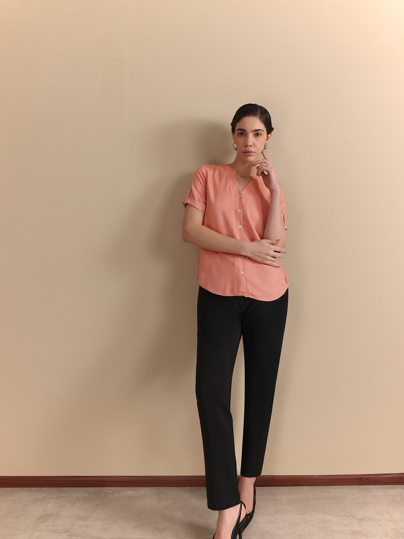 Mandarin V-Neck Button-Down Top - Peach