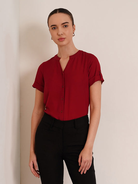 V Neck Short Sleeve Top - Red