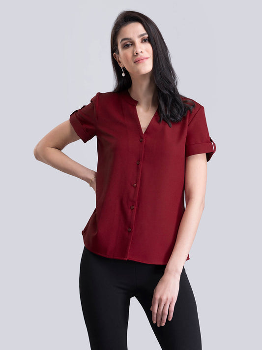 V Neck Short Sleeve Top - Red