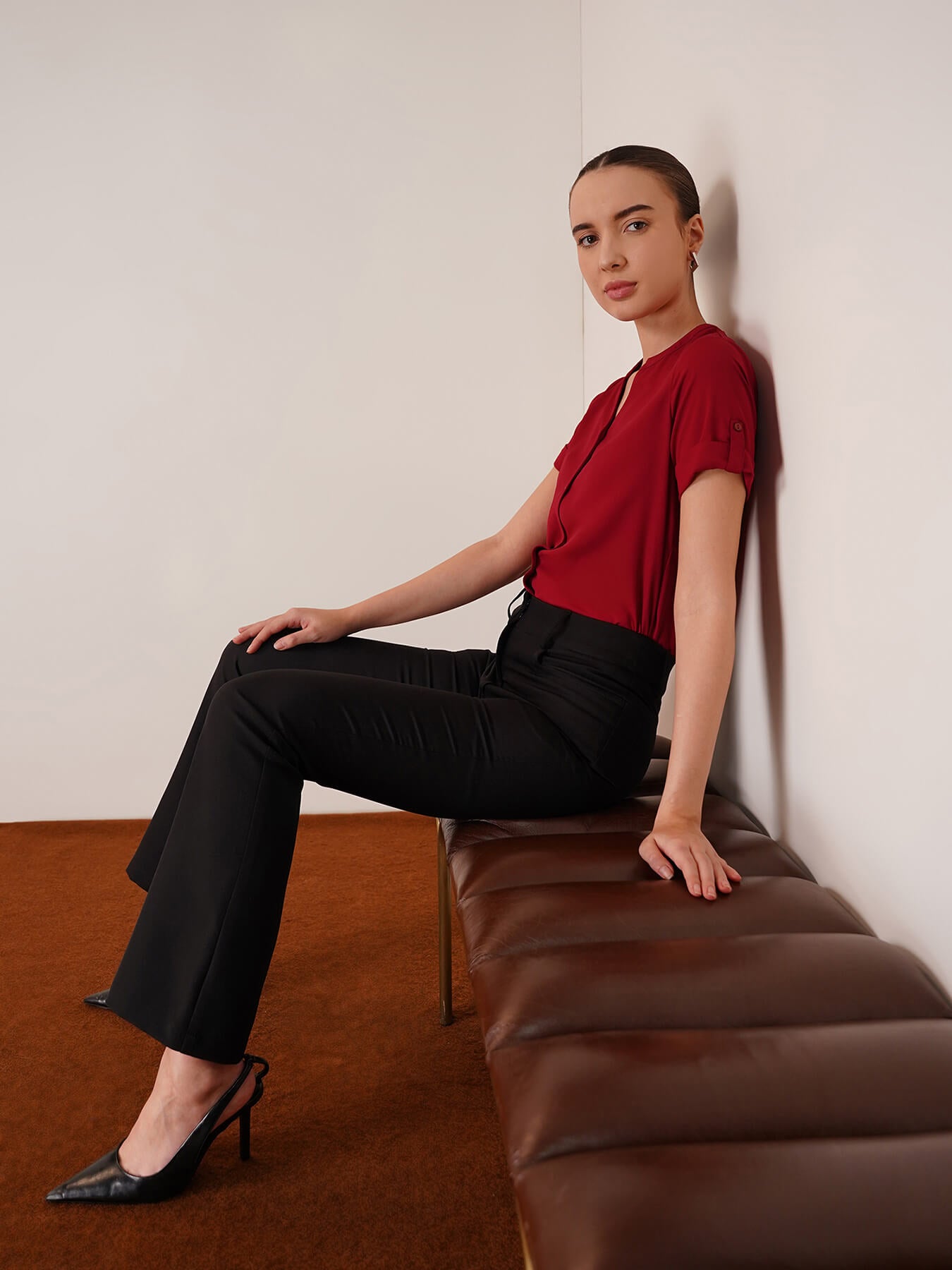 V Neck Short Sleeve Top - Red