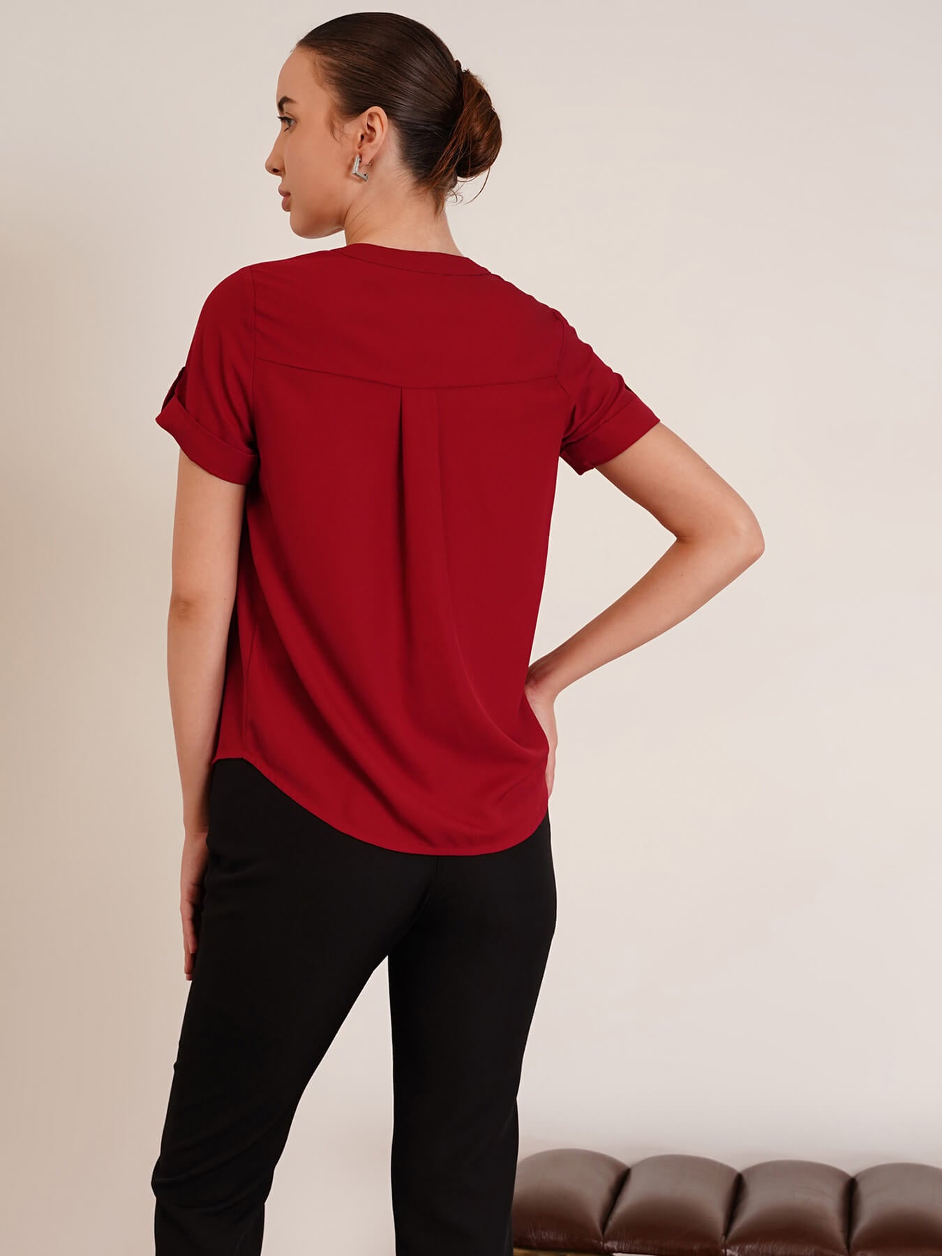 V Neck Short Sleeve Top - Red