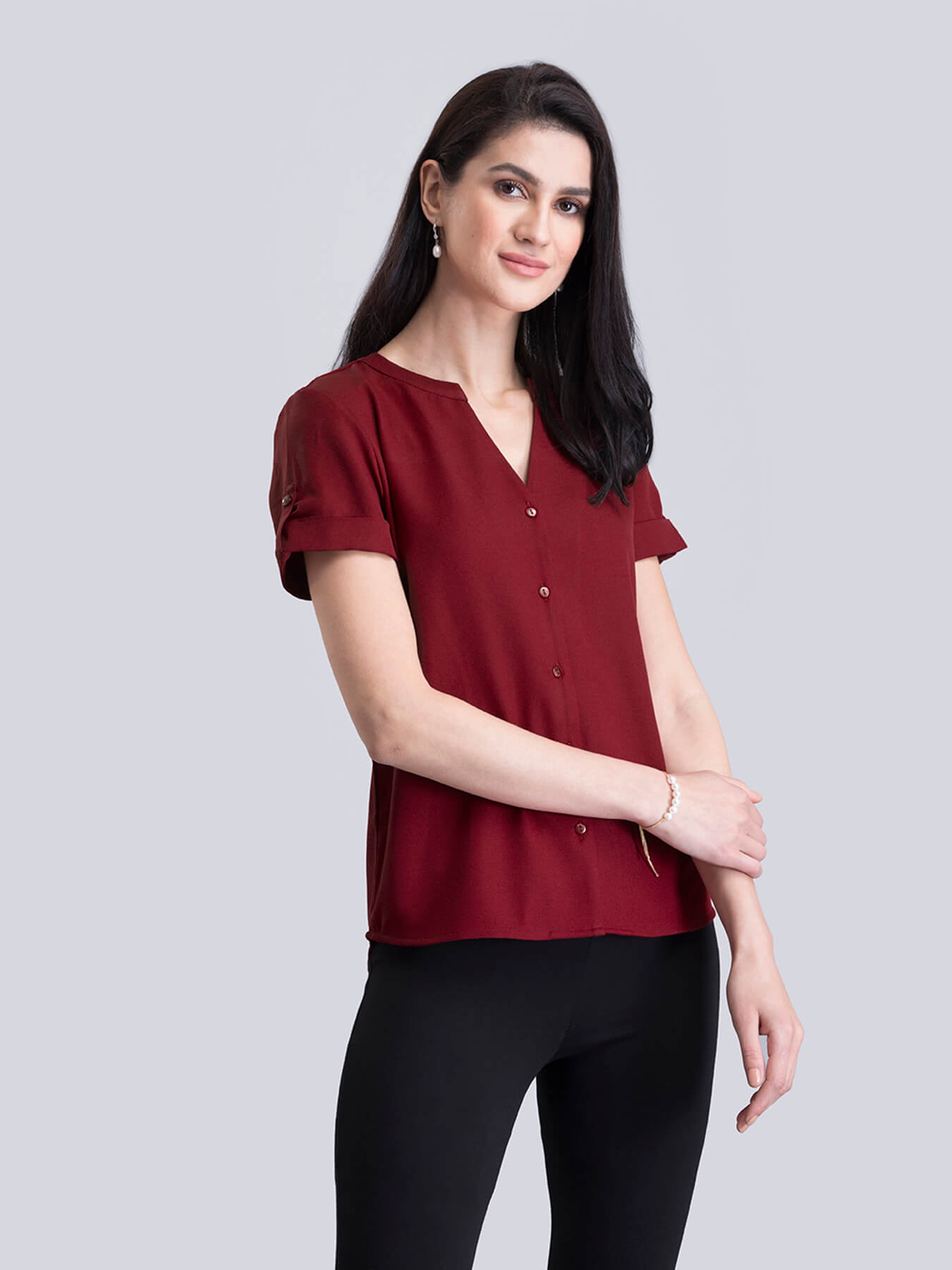 V Neck Short Sleeve Top - Red