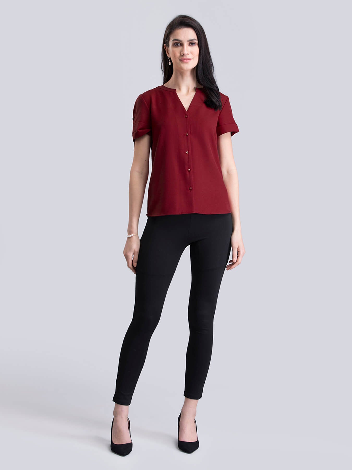 V Neck Short Sleeve Top - Red