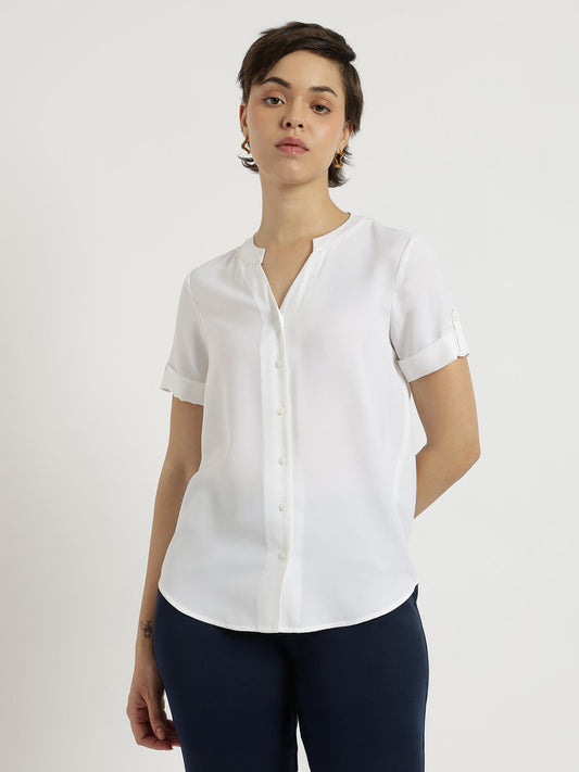 Mandarin V-Neck Top - White