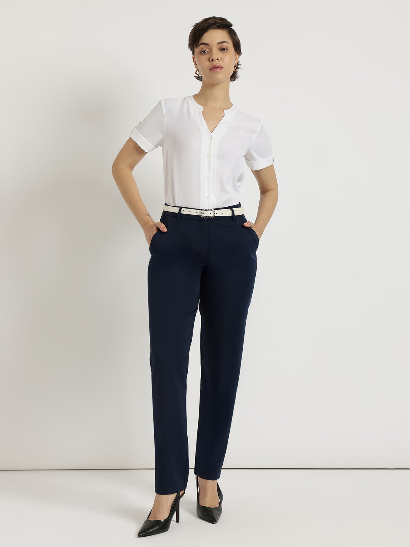 Mandarin V-Neck Top - White